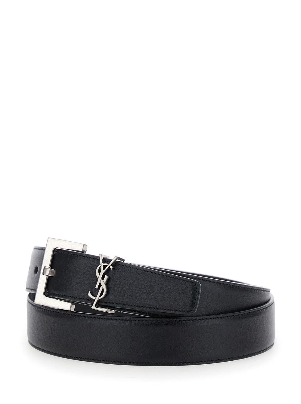 Saint Laurent Women Black Belt With Square Buckle And Cassandre Plaque In Leather Woman