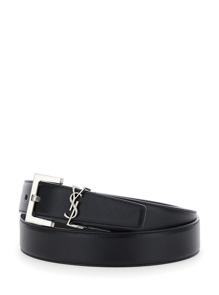 Saint Laurent Women Black Belt With Square Buckle And Cassandre Plaque In Leather Woman