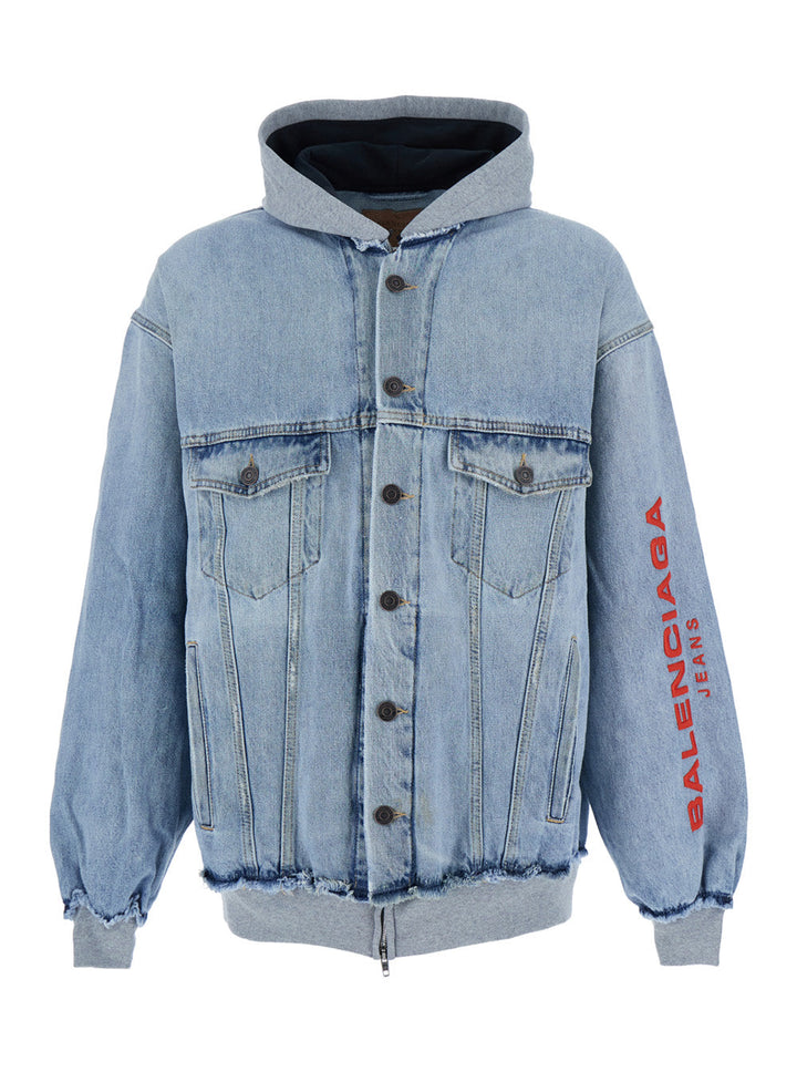 Balenciaga Men Light Blue Jacket With Fixed Hood And Maxi Logo Lettering On The Sleeve In Denim Man