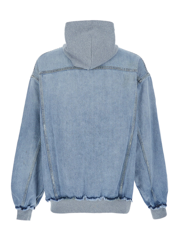 Balenciaga Men Light Blue Jacket With Fixed Hood And Maxi Logo Lettering On The Sleeve In Denim Man