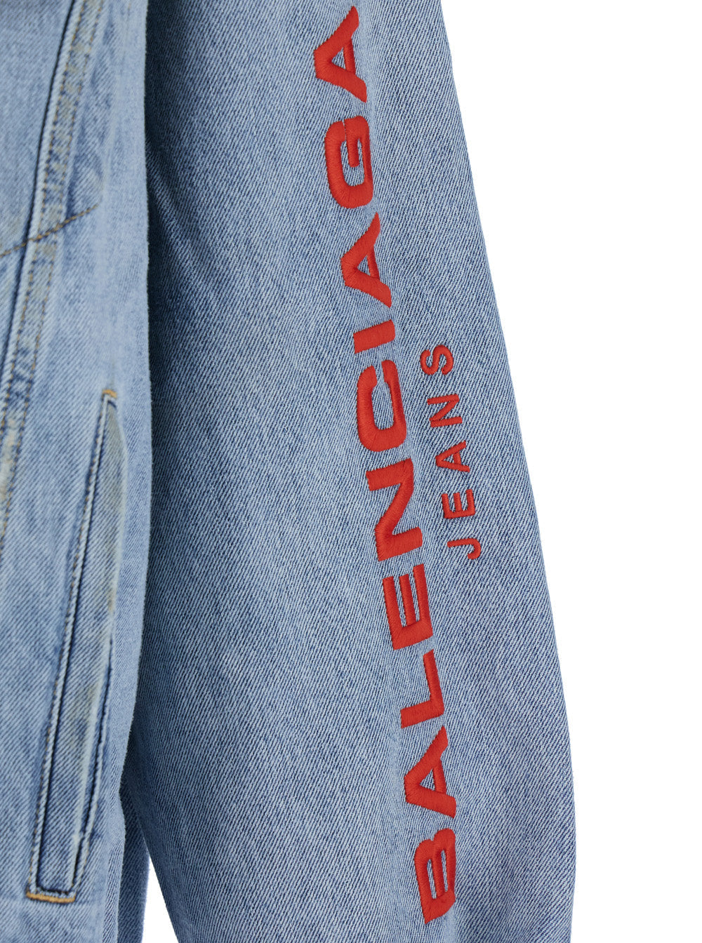 Balenciaga Men Light Blue Jacket With Fixed Hood And Maxi Logo Lettering On The Sleeve In Denim Man