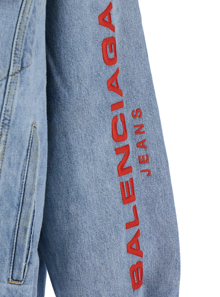 Balenciaga Men Light Blue Jacket With Fixed Hood And Maxi Logo Lettering On The Sleeve In Denim Man