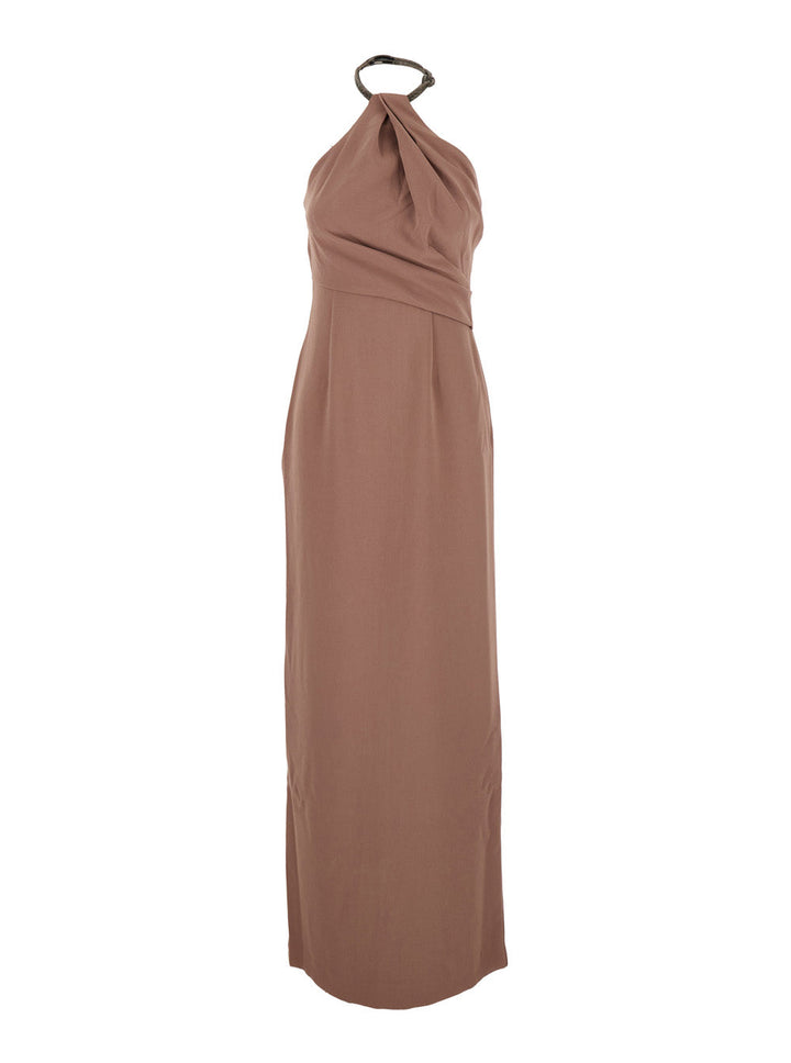Solace London Women 'Riva' Beige Long Dress With Rhinestone-Embellished Neckline And Drape Details In Twill Woman