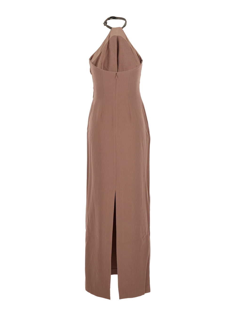 Solace London Women 'Riva' Beige Long Dress With Rhinestone-Embellished Neckline And Drape Details In Twill Woman