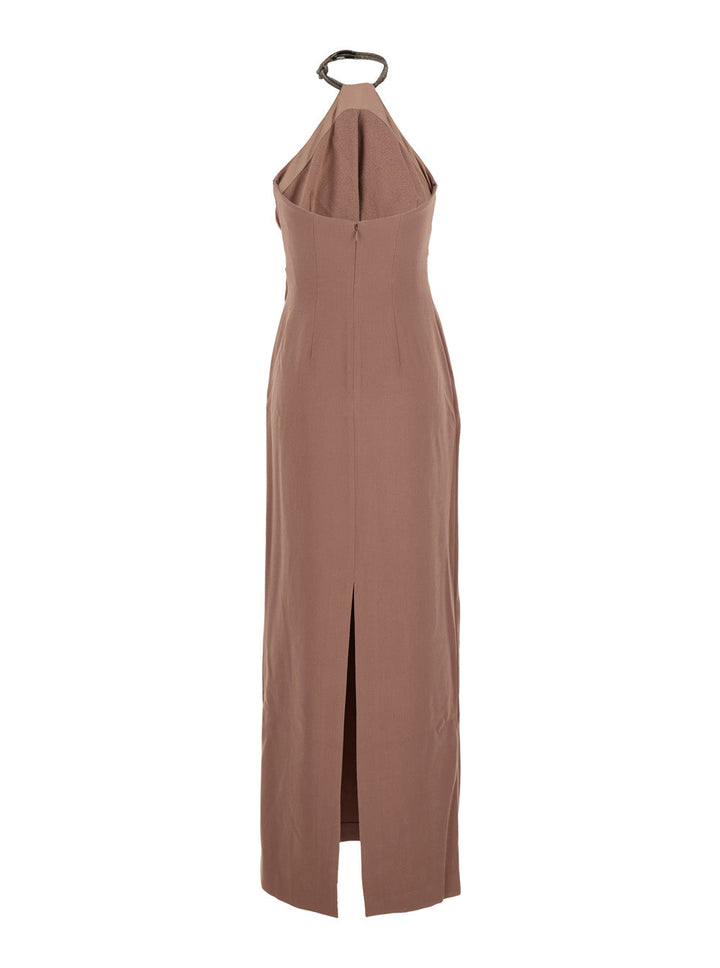 Solace London Women 'Riva' Beige Long Dress With Rhinestone-Embellished Neckline And Drape Details In Twill Woman