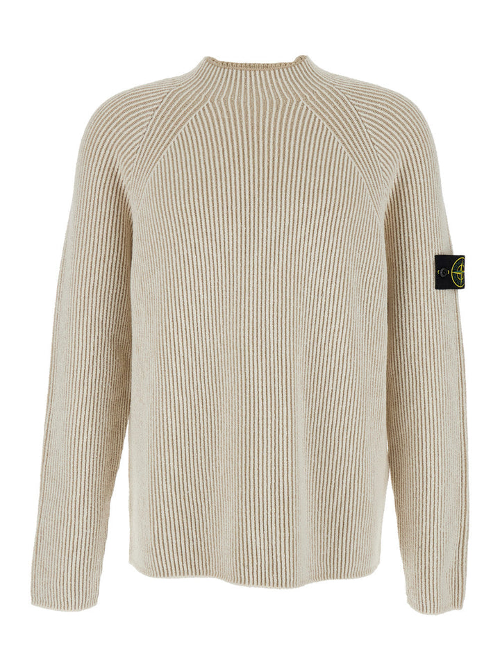 Stone Island Men White Sweater With Ribbed Design And Logo Patch On Sleeve In Virgin Wool Blend Man