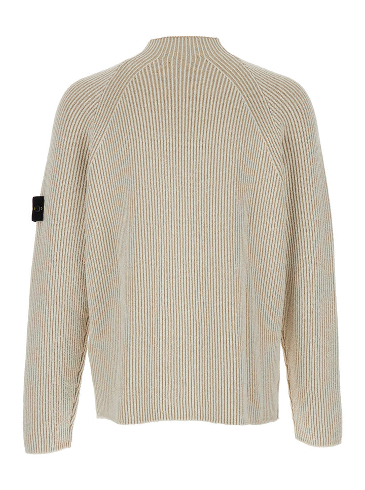 Stone Island Men White Sweater With Ribbed Design And Logo Patch On Sleeve In Virgin Wool Blend Man