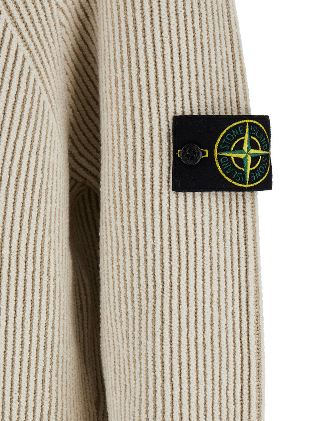 Stone Island Men White Sweater With Ribbed Design And Logo Patch On Sleeve In Virgin Wool Blend Man
