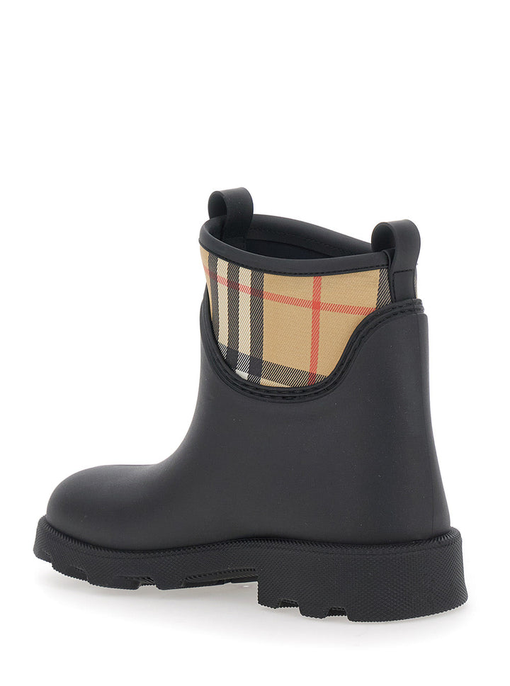 Burberry Men Black Rain Ankle Boots With Embossed Ekd Logo And Check Motif In Rubber Man