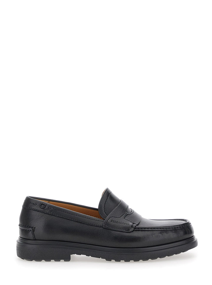 Ferragamo Men 'Brema' Black Loafers With Tonal Stitching And Almond Toe In Leather Man