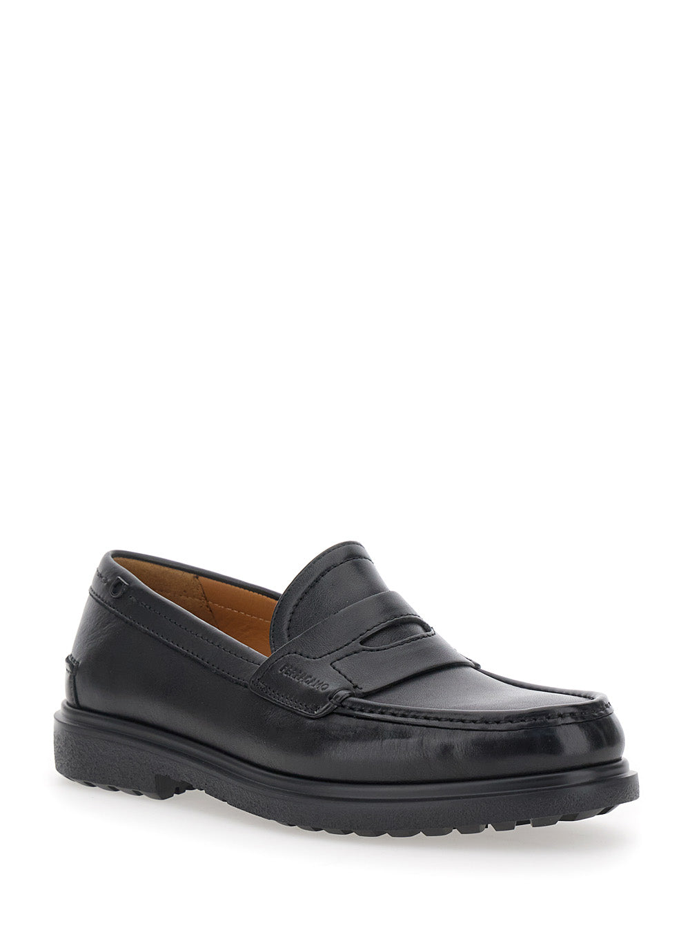 Ferragamo Men 'Brema' Black Loafers With Tonal Stitching And Almond Toe In Leather Man