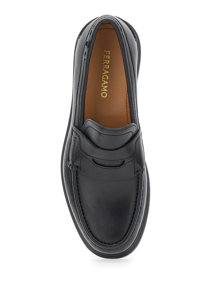 Ferragamo Men 'Brema' Black Loafers With Tonal Stitching And Almond Toe In Leather Man