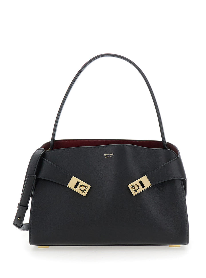 Ferragamo Women 'Hug' Black Shoulder Bag With Logo Print On The Front In Leather Woman
