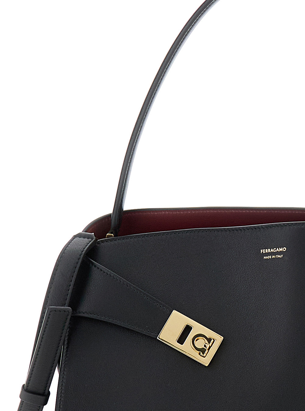 Ferragamo Women 'Hug' Black Shoulder Bag With Logo Print On The Front In Leather Woman