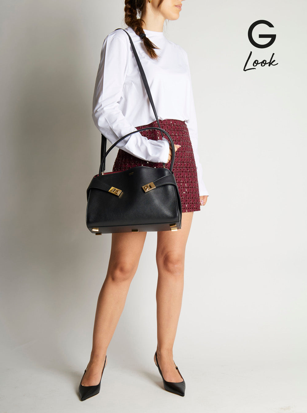 Ferragamo Women 'Hug' Black Shoulder Bag With Logo Print On The Front In Leather Woman