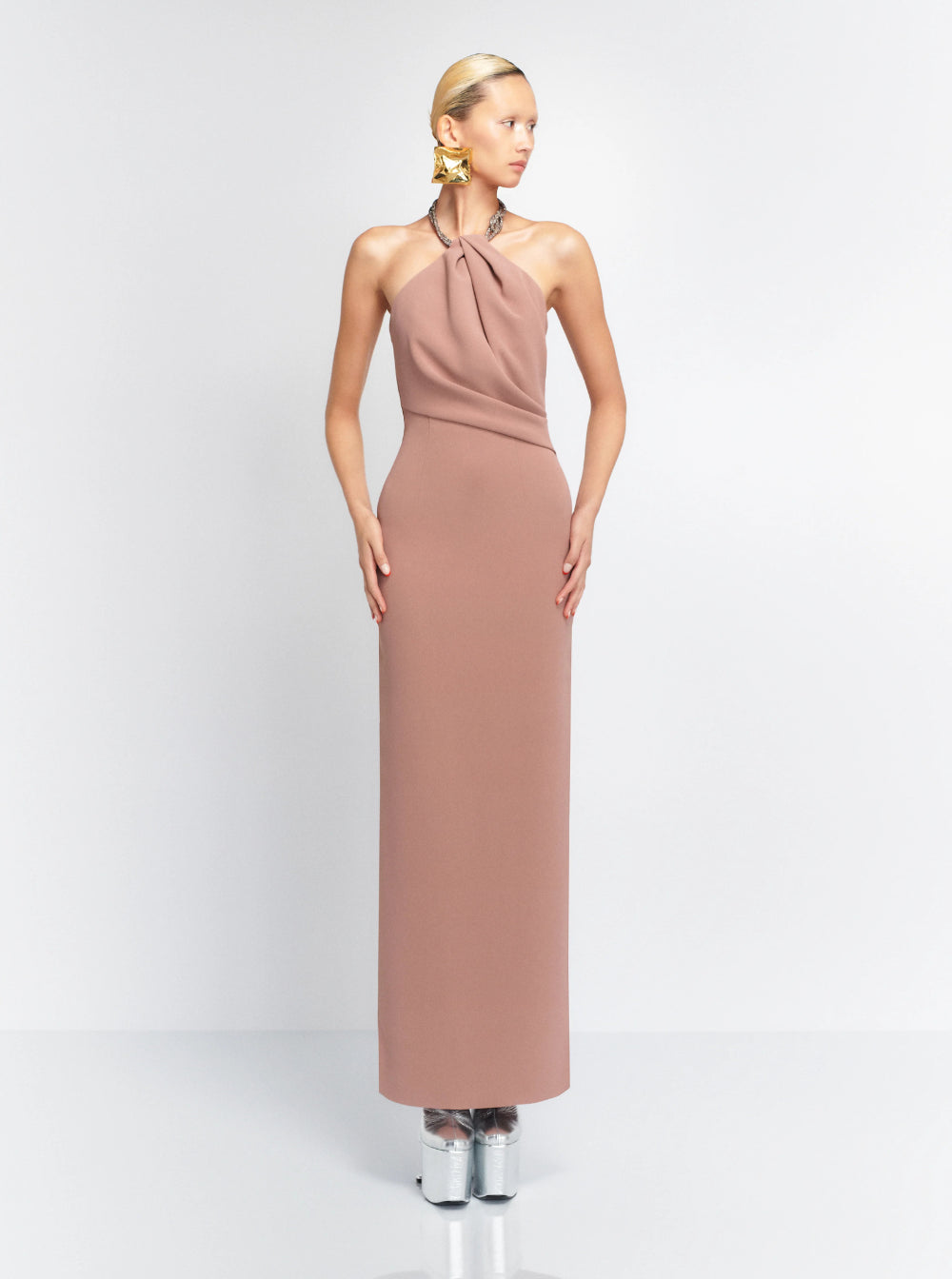 Solace London Women 'Riva' Beige Long Dress With Rhinestone-Embellished Neckline And Drape Details In Twill Woman
