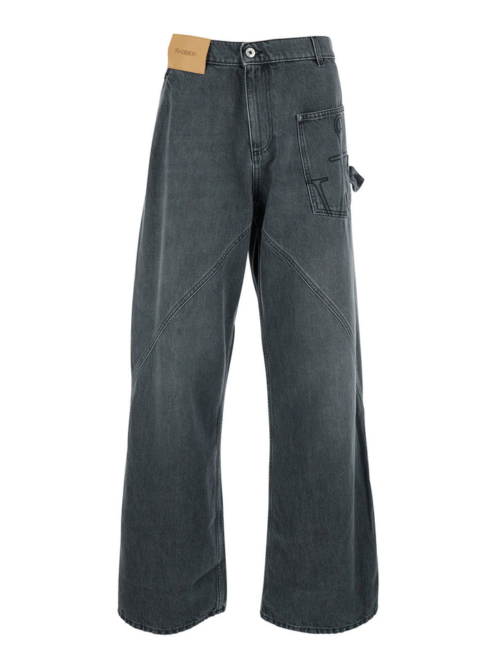 Jw Anderson Men Grey Jeans With Logo Patch On The Front And Embroidered Logo On The Pocket In Cotton Man