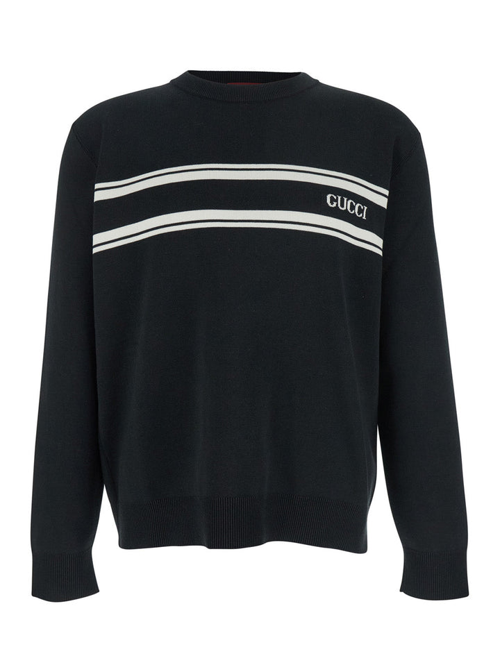 Gucci Men Black Sweater With Logo Lettering On The Front In Wool Man