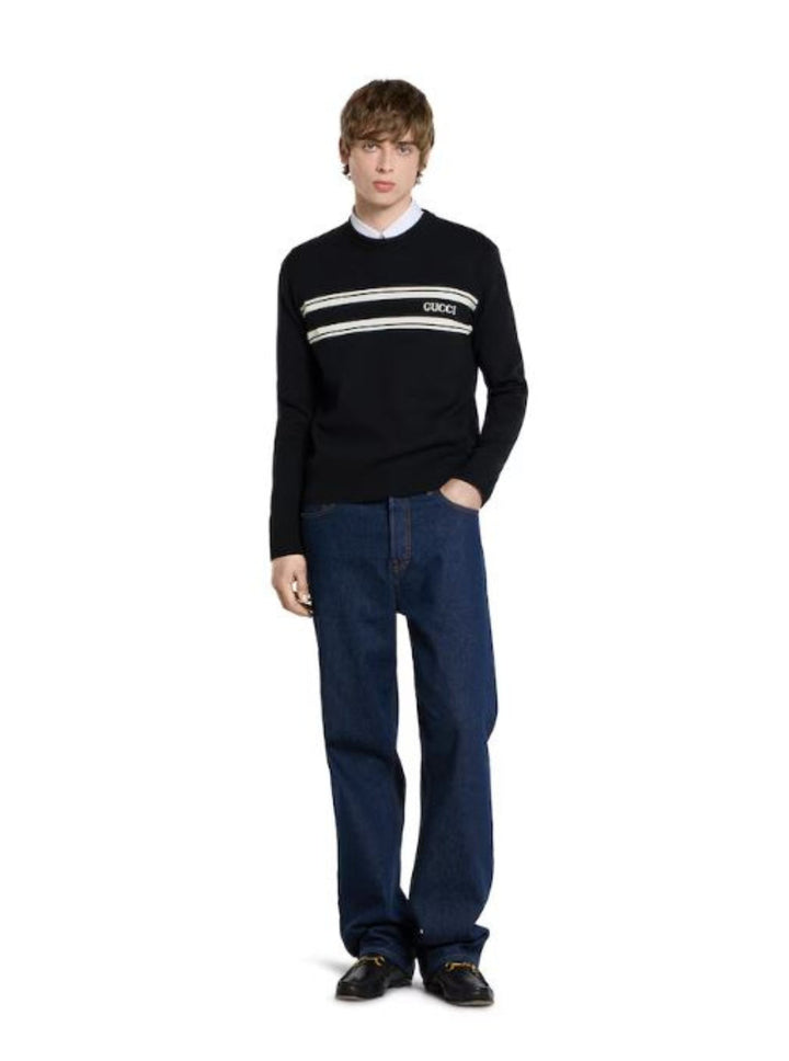 Gucci Men Black Sweater With Logo Lettering On The Front In Wool Man