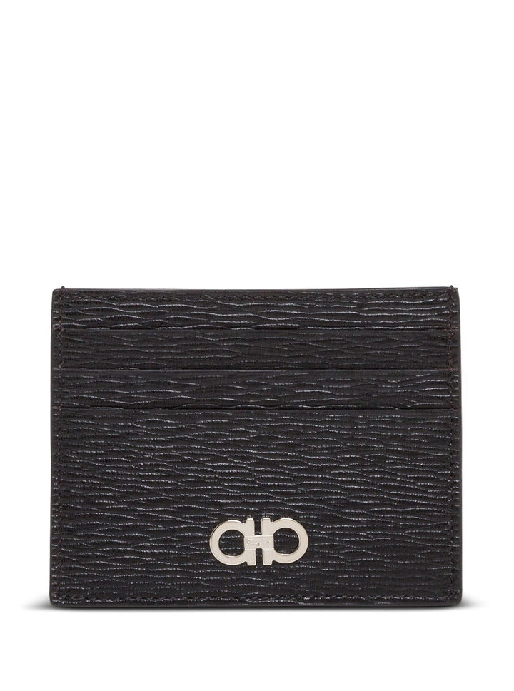 Ferragamo Men Salvatore Ferragamo Man's Revival Black  Leather Card Holder With Gancini Buckle