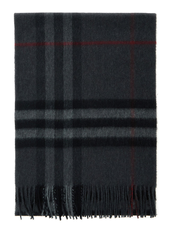 Burberry Women Grey Rectangular Scarf With Check Motif All-Over And Fringed Hem In Cashmere Woman