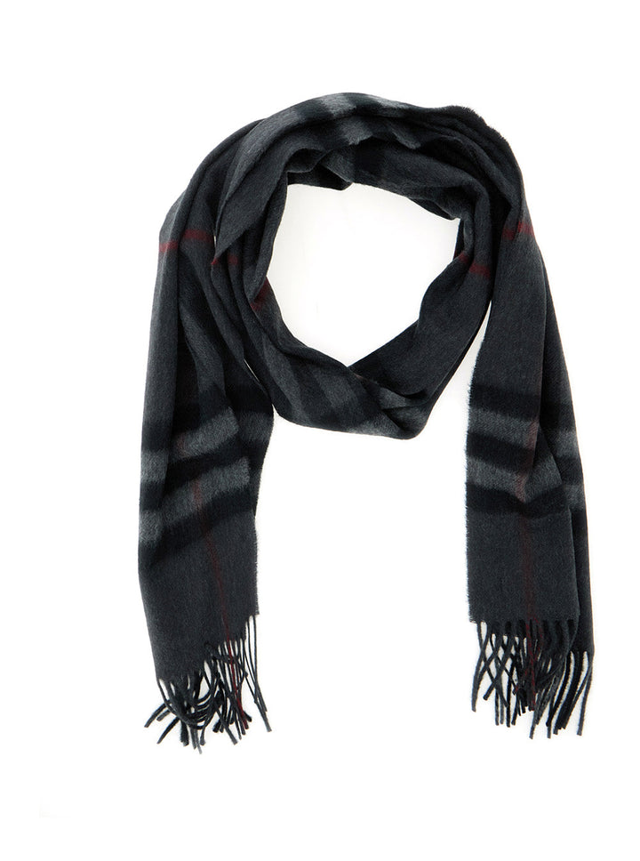 Burberry Women Grey Rectangular Scarf With Check Motif All-Over And Fringed Hem In Cashmere Woman
