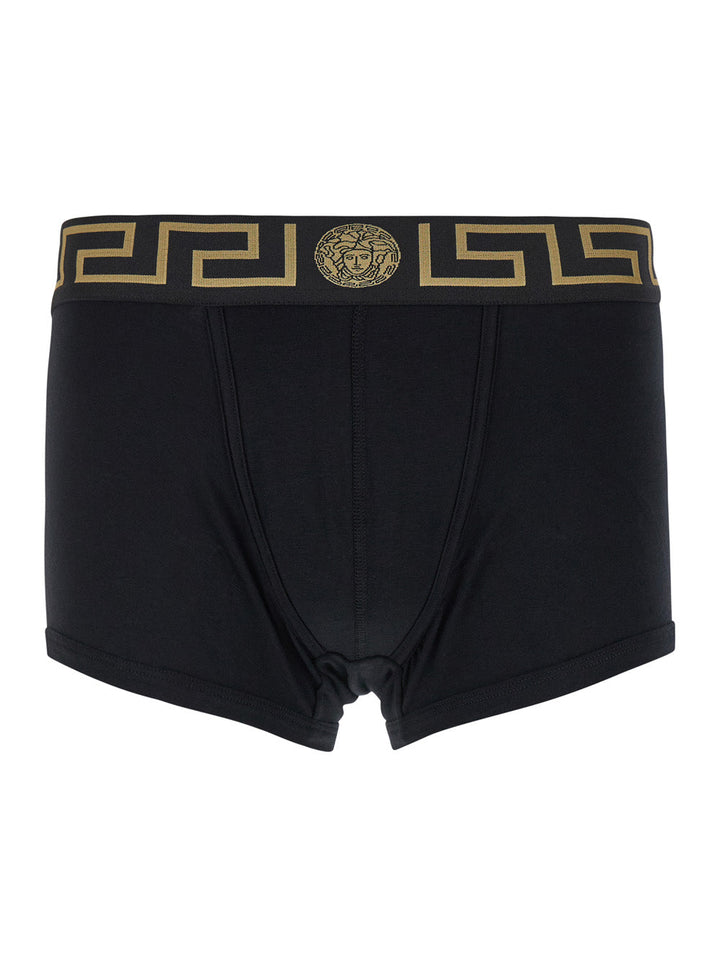 Versace Men Black Boxer Briefs With Greca And Medusa Detail In Stretch Cotton Man