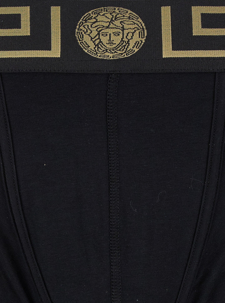 Versace Men Black Boxer Briefs With Greca And Medusa Detail In Stretch Cotton Man