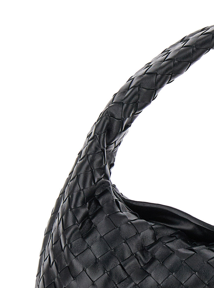 Bottega Veneta Women 'Hop Small' Black Shoulder Bag With Intreccio Motif In Leather Woman