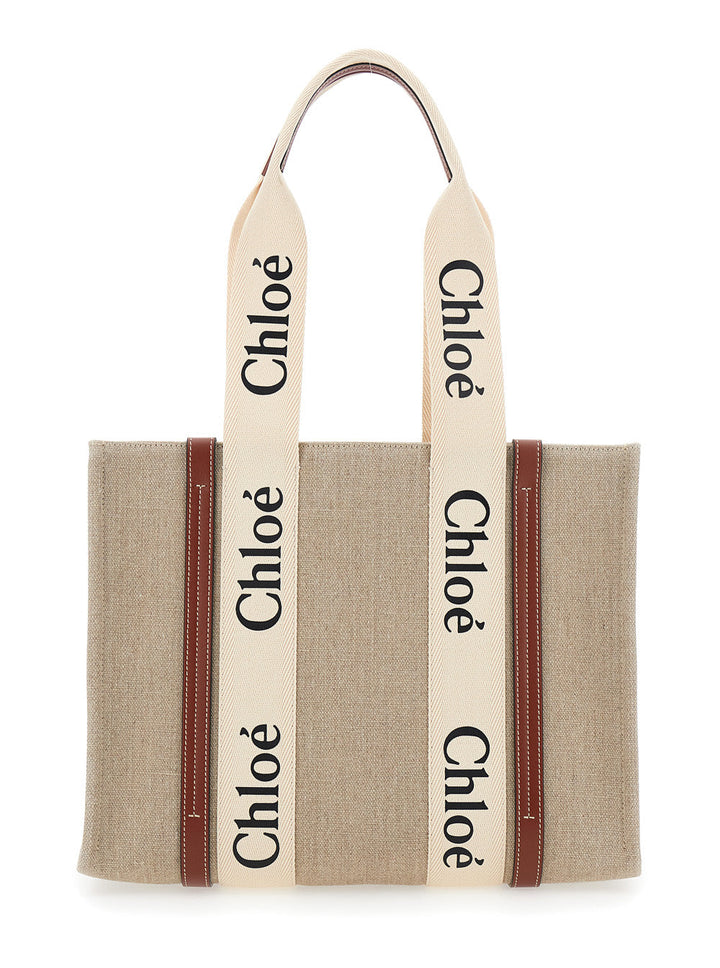 Chloé Women 'Medium Woody' Beige Handbag With Logo Lettering On The Front In Linen Woman