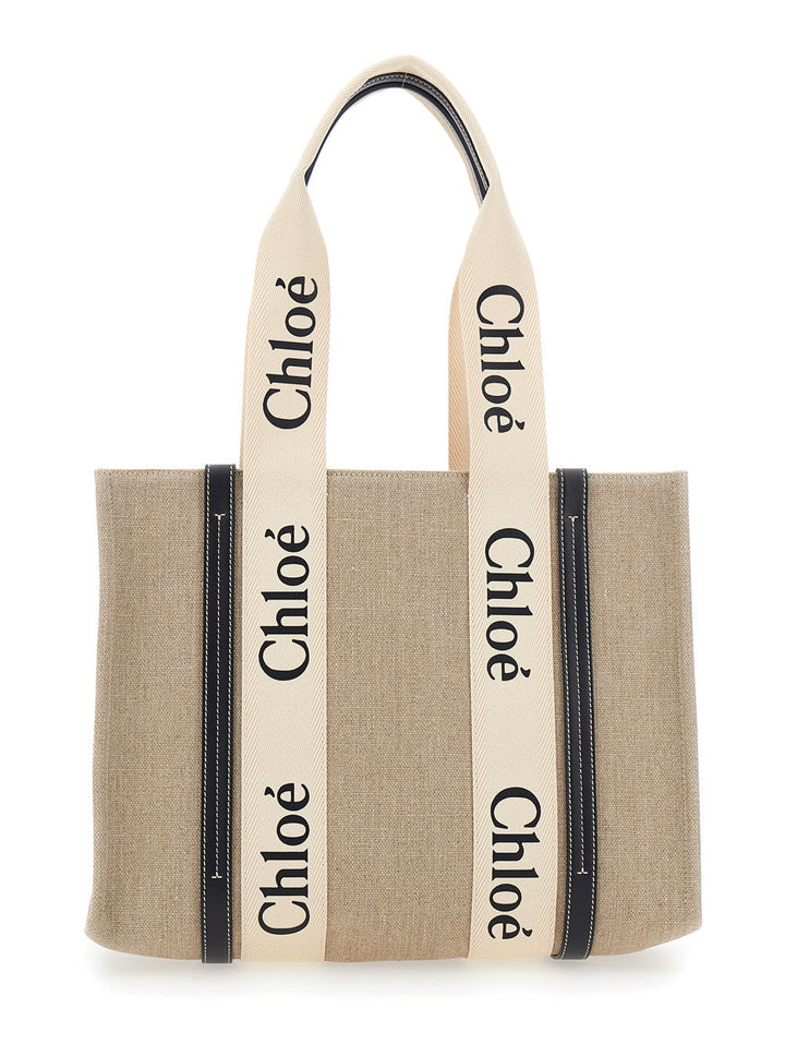 Chloé Women 'Medium Woody' Beige Handbag With Logo Lettering On The Front In Linen Woman