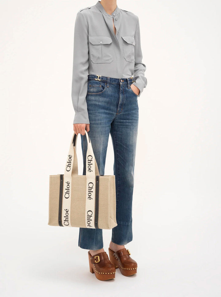 Chloé Women 'Medium Woody' Beige Handbag With Logo Lettering On The Front In Linen Woman