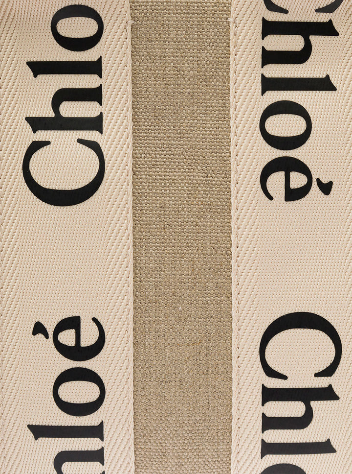 Chloé Women 'Woody' Multicolor Tote Bag With Shoulder Strap And Ribbon In Leather And Linen Canvas Woman Chloé