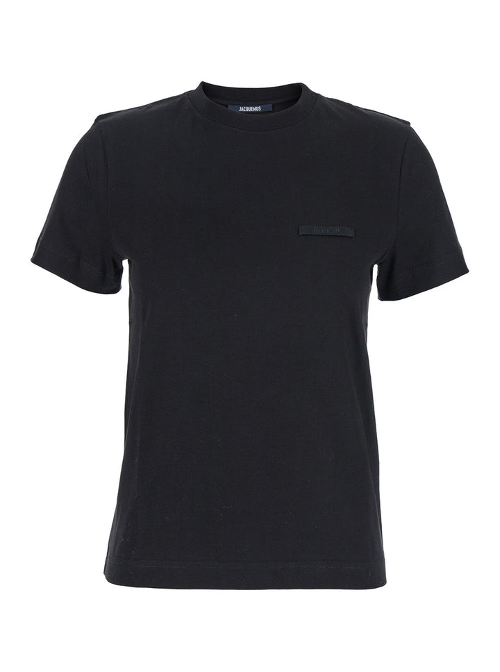 Jacquemus Women 'Le T-Shirt Gros Grain' Black Crew Neck T-Shirt With Logo Patch On Front In Cotton For Women
