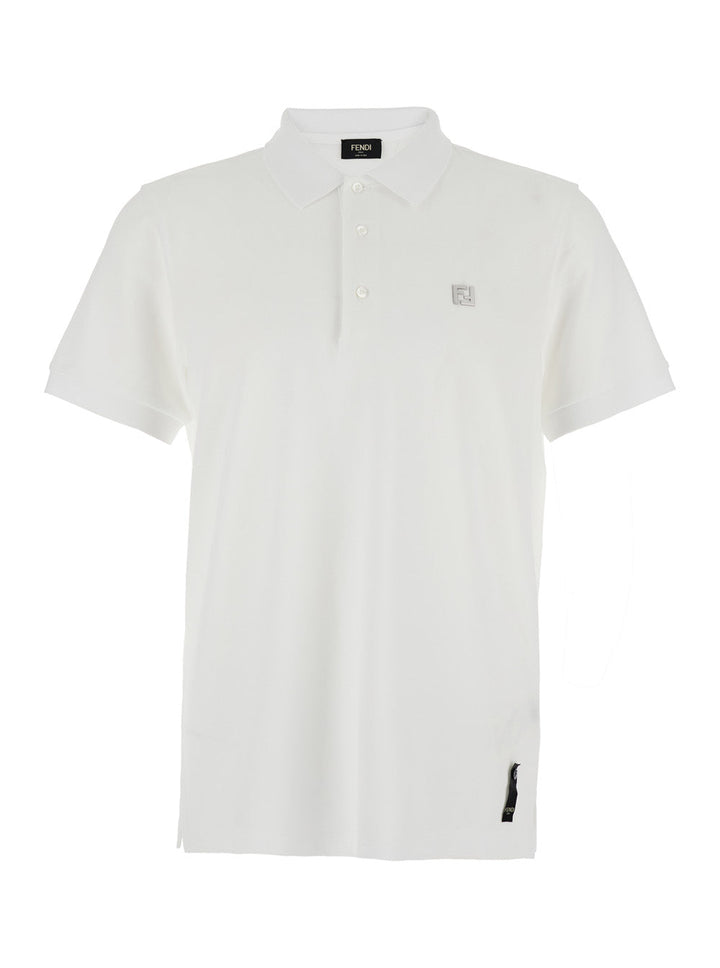 Fendi Men White Polo Shirt With Classic Collar And Metallic Ff Plaque On The Front In Cotton Woman