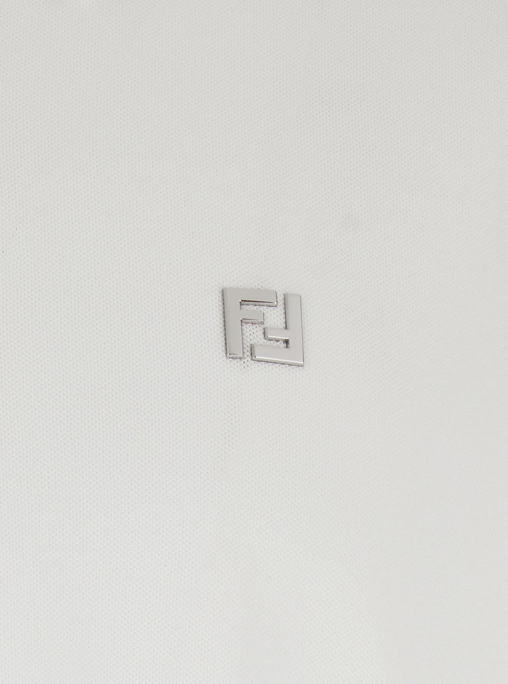 Fendi Men White Polo With Classic Collar And Metal Ff Plate On The Front For Men