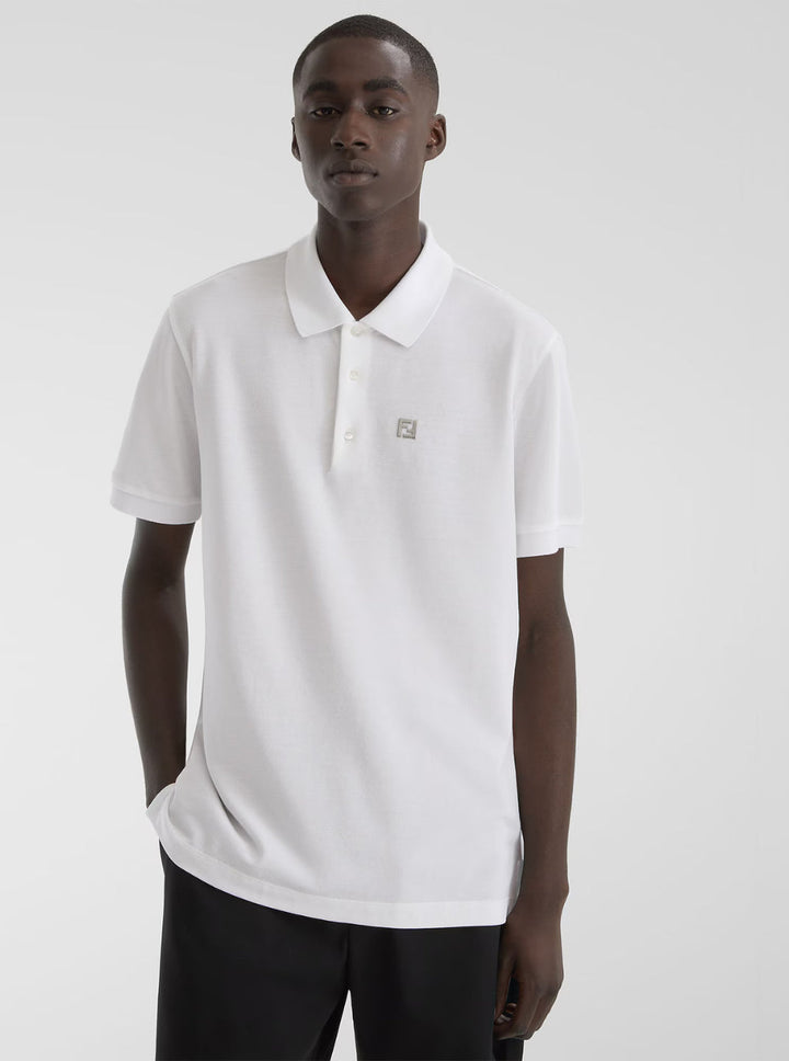 Fendi Men White Polo Shirt With Classic Collar And Metallic Ff Plaque On The Front In Cotton Woman