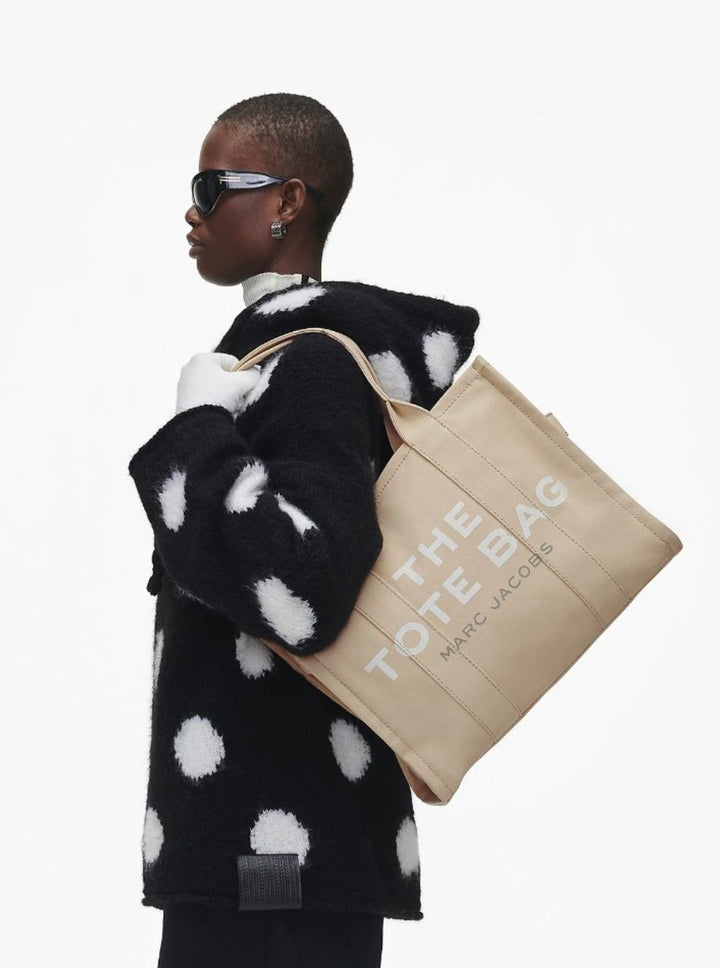 Marc Jacobs Women 'The Large Tote' Beige Shoulder Bag With Contrasting Logo Print In Cotton Black Woman