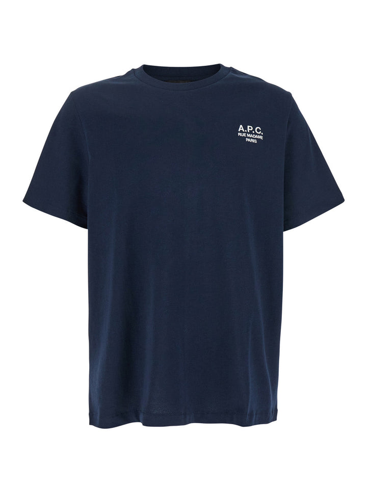 A.P.C. Men Blue Crew Neck T-Shirt With Embroidered Logo On Front In Cotton Man