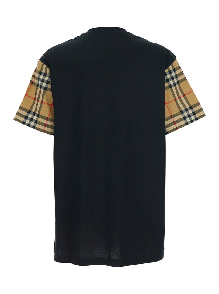 Burberry Women Black T-Shirt With Vintage Check Motif On The Sleeves In Cotton Woman