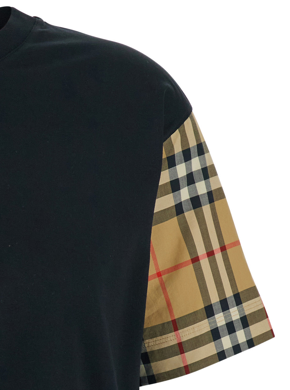 Burberry Women Black T-Shirt With Vintage Check Motif On The Sleeves In Cotton Woman