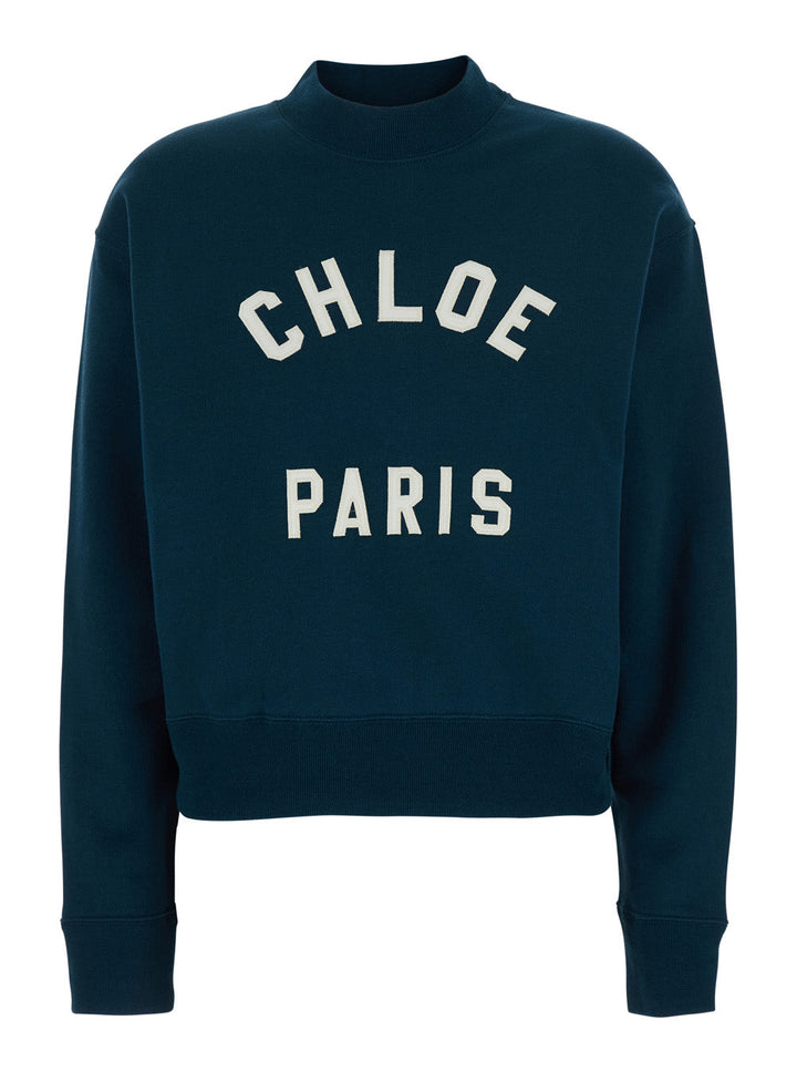 Chloé Women Blue Crewneck Sweatshirt With Logo Lettering Print In Cotton Woman