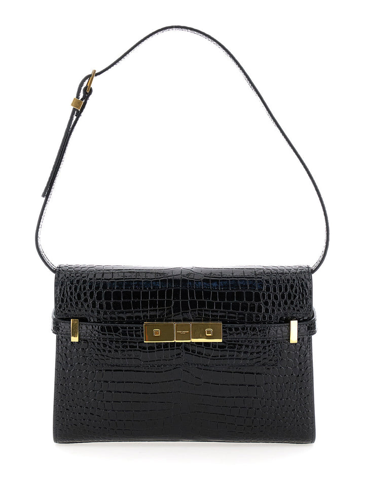 Saint Laurent Women 'Manhattan Small' Black Shoulder Bag In Shiny Croco Embossed Leather Woman