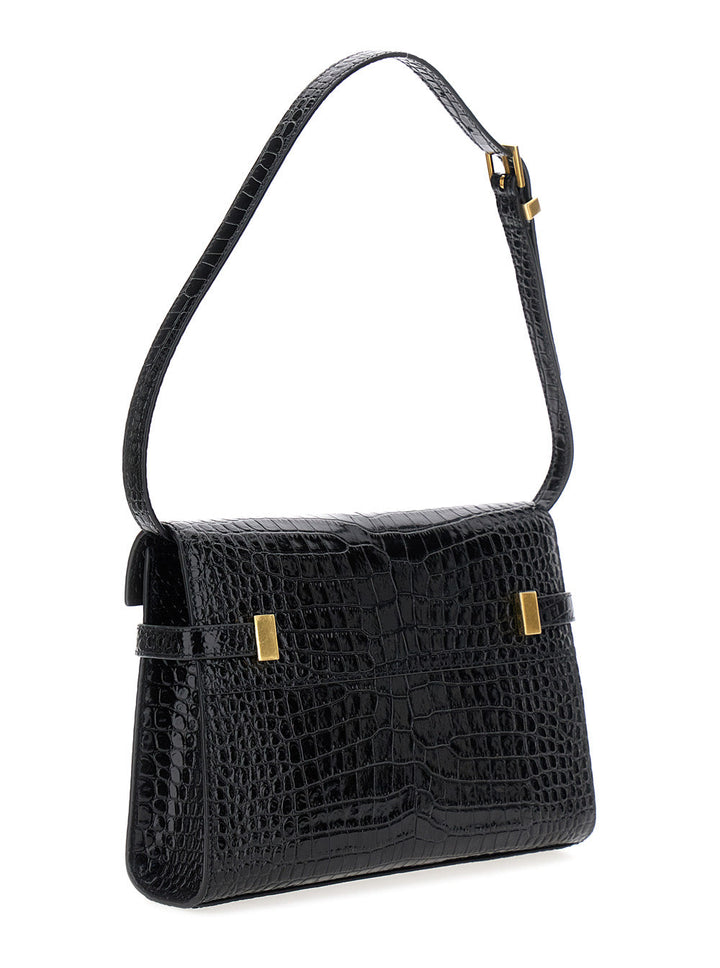 Saint Laurent Women 'Manhattan Small' Black Shoulder Bag In Shiny Croco Embossed Leather Woman