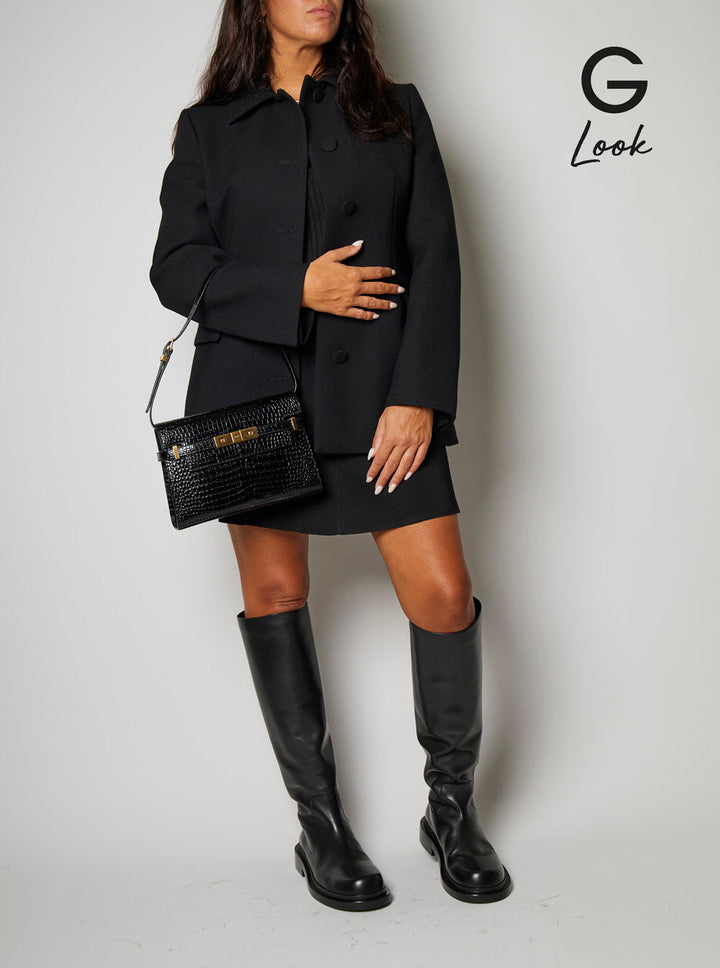 Saint Laurent Women 'Manhattan Small' Black Shoulder Bag In Shiny Croco Embossed Leather Woman