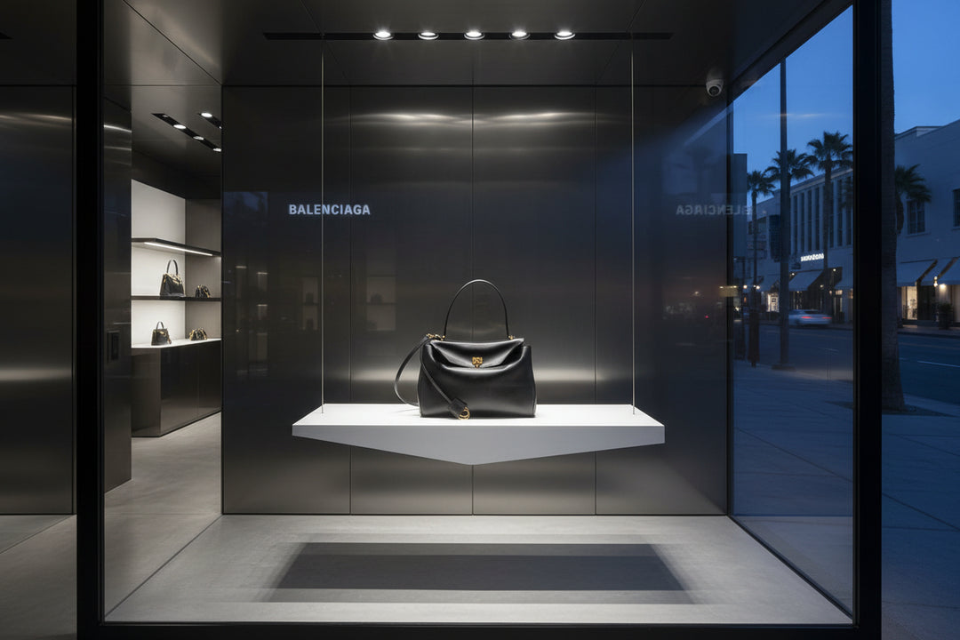 Black handbag with gold accents on a white background