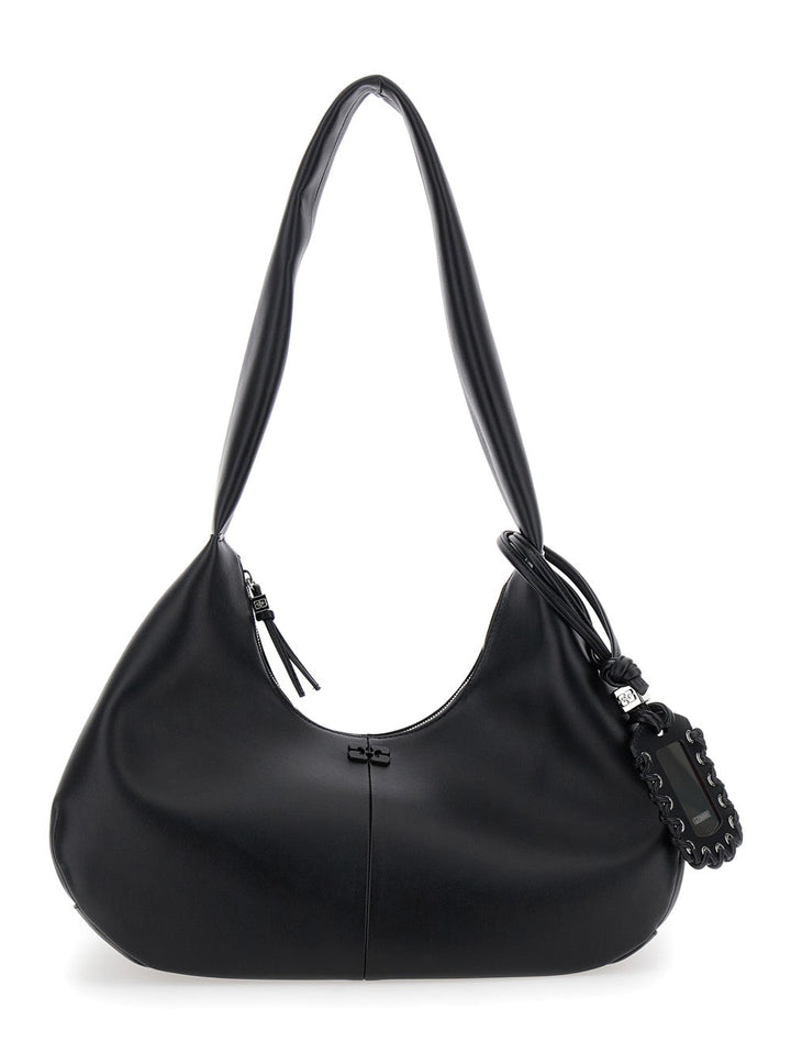 Ganni Women 'Bou Bag Hobo Medium' Black Shoulder Bag With Shoulder Strap And Removable Logo Patch In Leather Woman