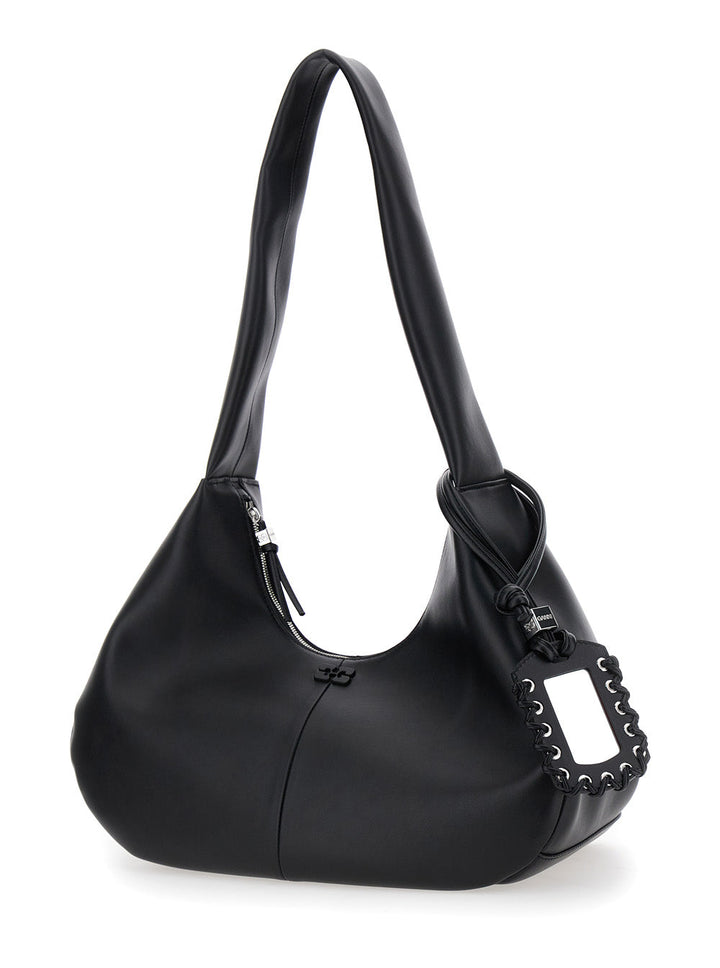 Ganni Women 'Bou Bag Hobo Medium' Black Shoulder Bag With Shoulder Strap And Removable Logo Patch In Leather Woman
