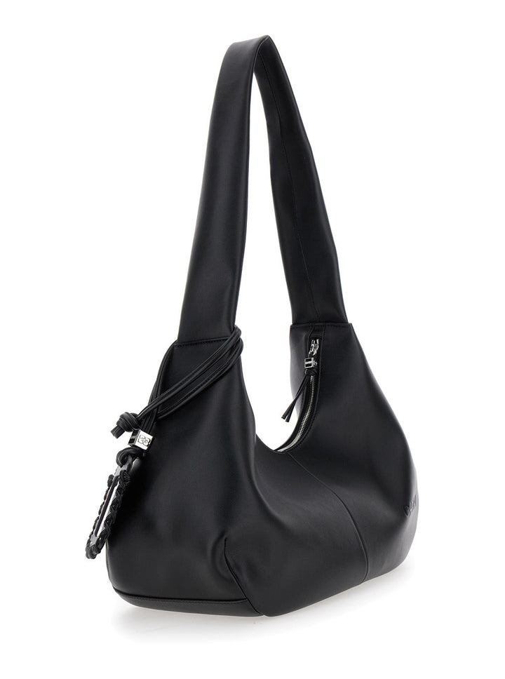 Ganni Women 'Bou Bag Hobo Medium' Black Shoulder Bag With Shoulder Strap And Removable Logo Patch In Leather Woman