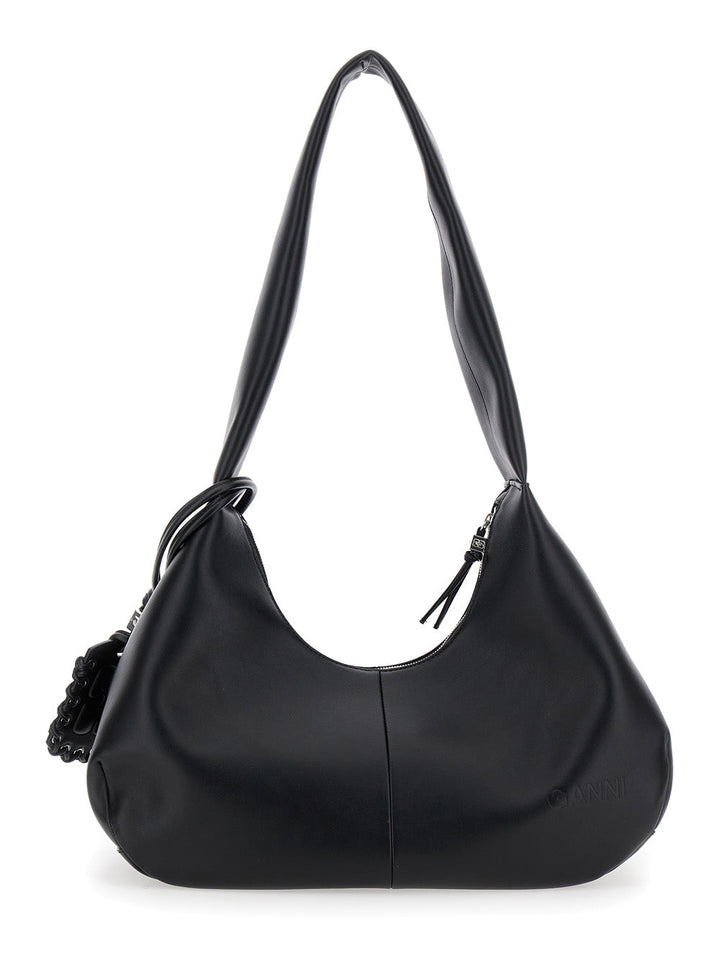 Ganni Women 'Bou Bag Hobo Medium' Black Shoulder Bag With Shoulder Strap And Removable Logo Patch In Leather Woman